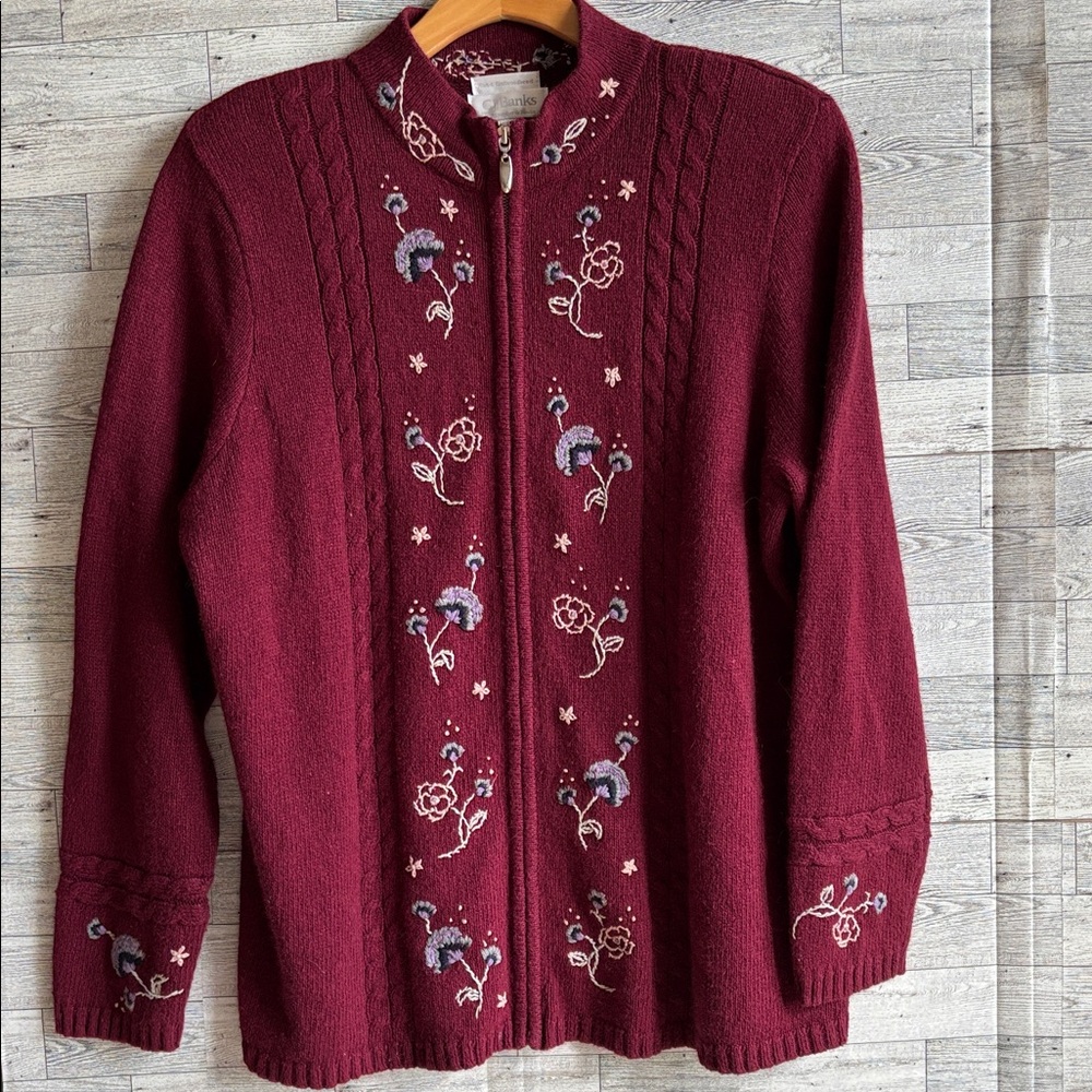 CJ Banks Womens 1X Ramie Angora Cardigan Sweater burgundy Floral cottagecore